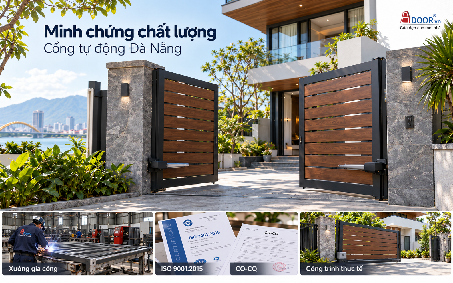 Cổng tự động tại Đà Nẵng – Xưởng gia công, chứng nhận ISO 9001:2015, CO-CQ và mẫu cổng Adoor