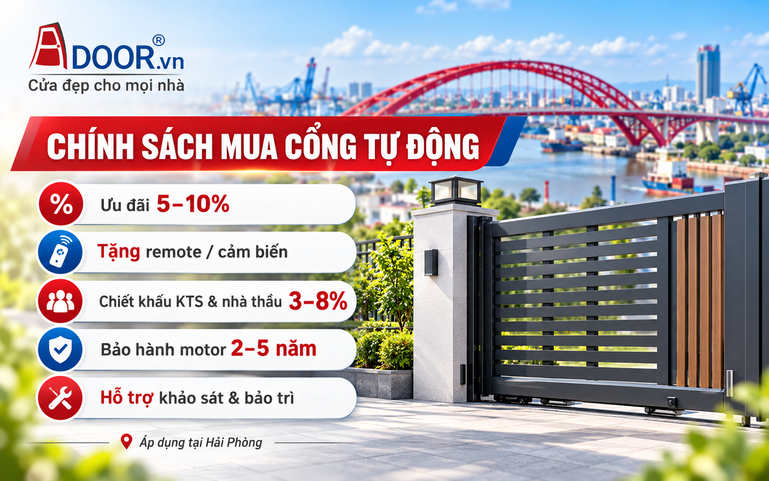 Cổng tự động tại Hải Phòng - Chính sách ưu đãi và bảo hành cổng tự động của Adoor