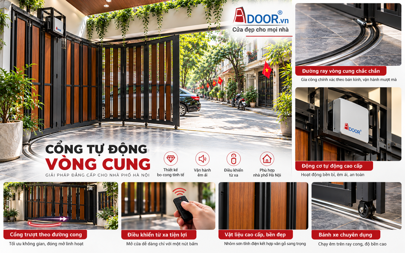 Cổng tự động tại Hà Nội dạng trượt vòng cung với hệ ray cong Adoor